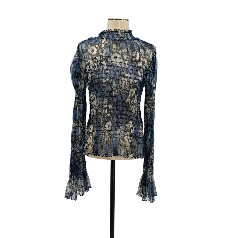 Free People Hello There Top‎ Blouse Smocked Flare Sleeve Mesh Floral Blue Large